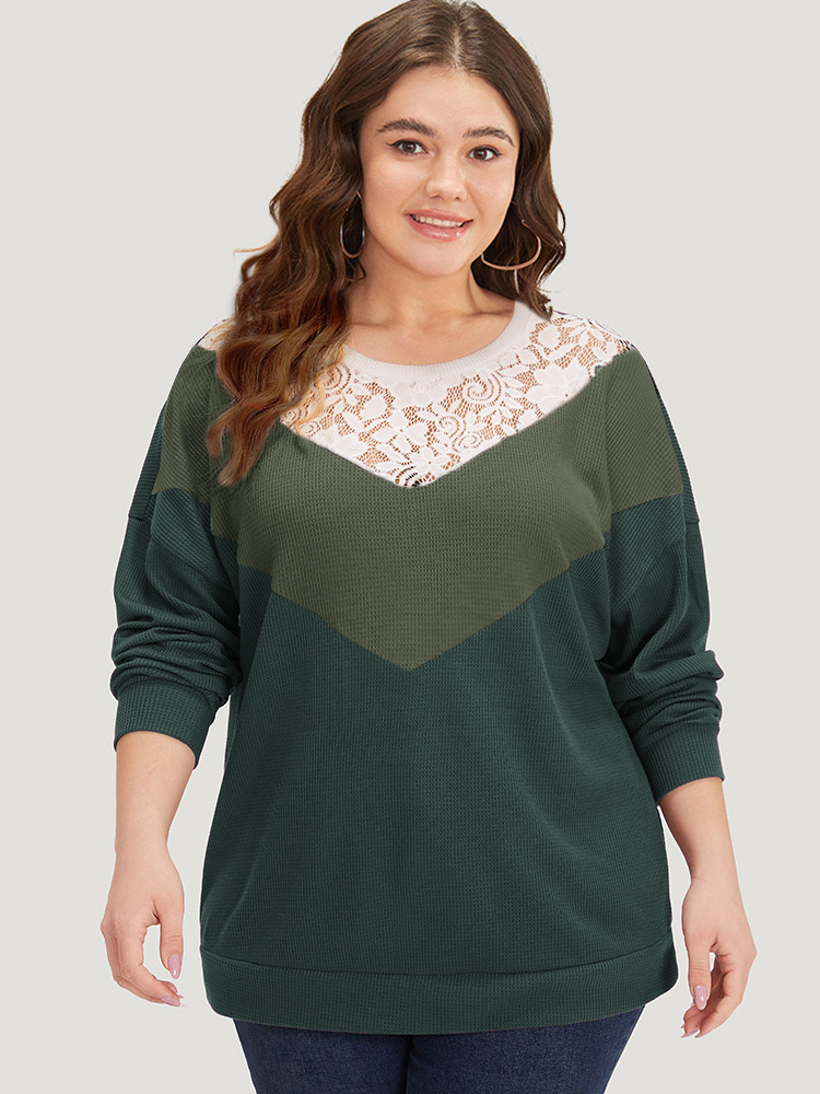 Plus Size Silhouette Floral Print Lace Patchwork Contrast Sweatshirt Women Green Elegant Elastic cuffs Round Neck Dailywear Sweatshirts BloomChic 26/4X 