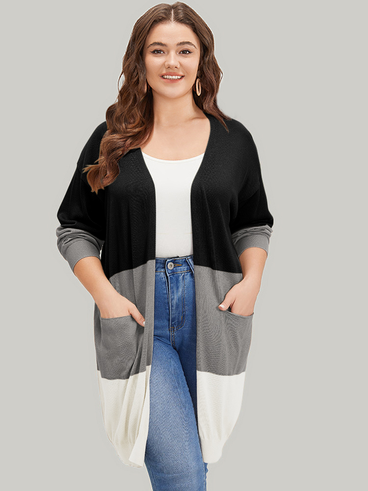 

Plus Size Supersoft Essentials Colorblock Pocket Tunic Cardigan Black Women Casual Loose Long Sleeve Everyday Cardigans BloomChic