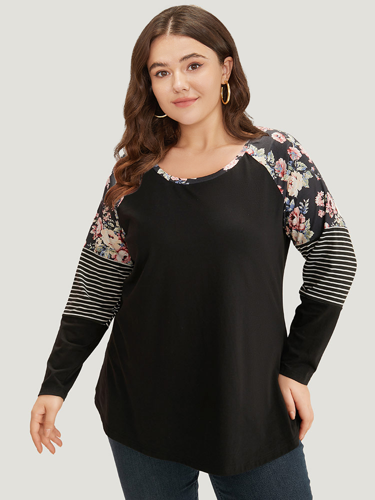 

Plus Size Floral Striped Patchwork Crew Neck Raglan Sleeve T-shirt Black Women Casual Contrast Striped Round Neck Dailywear T-shirts BloomChic