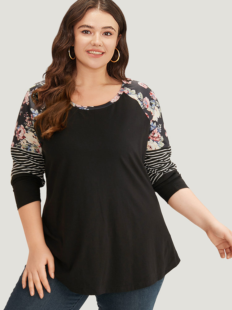 Plus Size Floral Striped Patchwork Crew Neck Raglan Sleeve T-shirt Black Women Casual Contrast Striped Round Neck Dailywear T-shirts BloomChic 12/L 