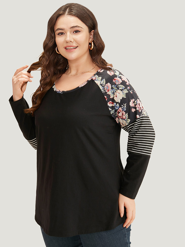 Plus Size Floral Striped Patchwork Crew Neck Raglan Sleeve T-shirt Black Women Casual Contrast Striped Round Neck Dailywear T-shirts BloomChic 12/L 