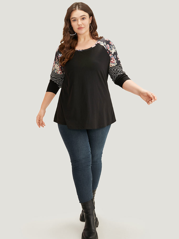 Plus Size Floral Striped Patchwork Crew Neck Raglan Sleeve T-shirt Black Women Casual Contrast Striped Round Neck Dailywear T-shirts BloomChic 12/L 