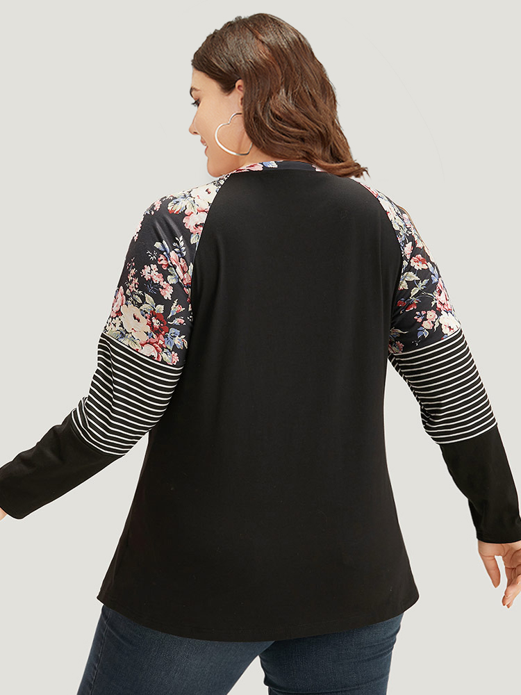 Plus Size Floral Striped Patchwork Crew Neck Raglan Sleeve T-shirt Black Women Casual Contrast Striped Round Neck Dailywear T-shirts BloomChic 12/L 