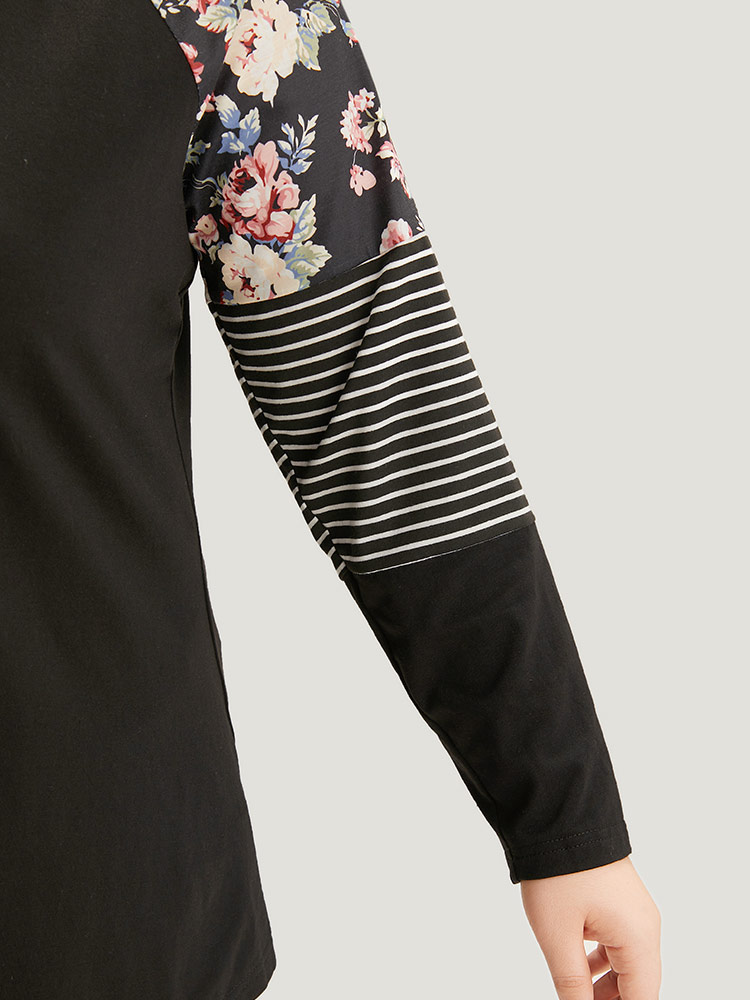 Plus Size Floral Striped Patchwork Crew Neck Raglan Sleeve T-shirt Black Women Casual Contrast Striped Round Neck Dailywear T-shirts BloomChic 12/L 