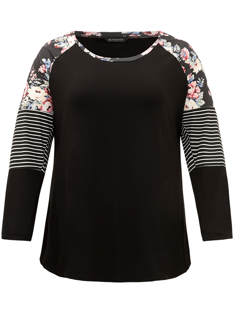 Plus Size Floral Striped Patchwork Crew Neck Raglan Sleeve T-shirt Black Women Casual Contrast Striped Round Neck Dailywear T-shirts BloomChic 12/L 