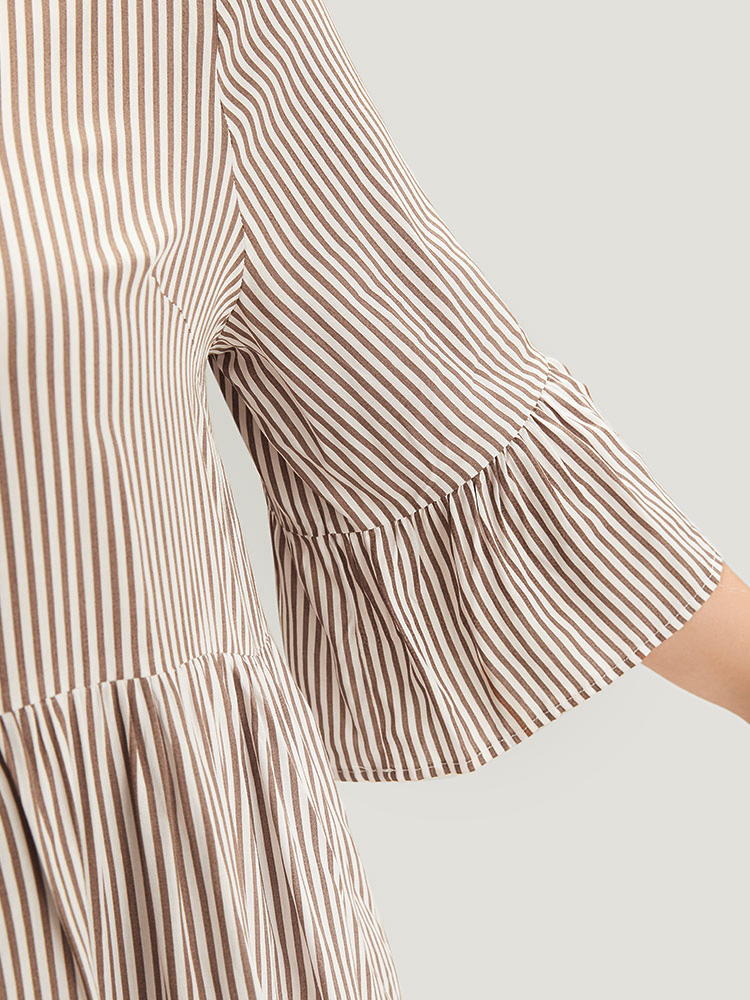 Plus Size Women Work Striped Button Bell Sleeve Elbow-length sleeve V-neck Office Blouses BloomChic 