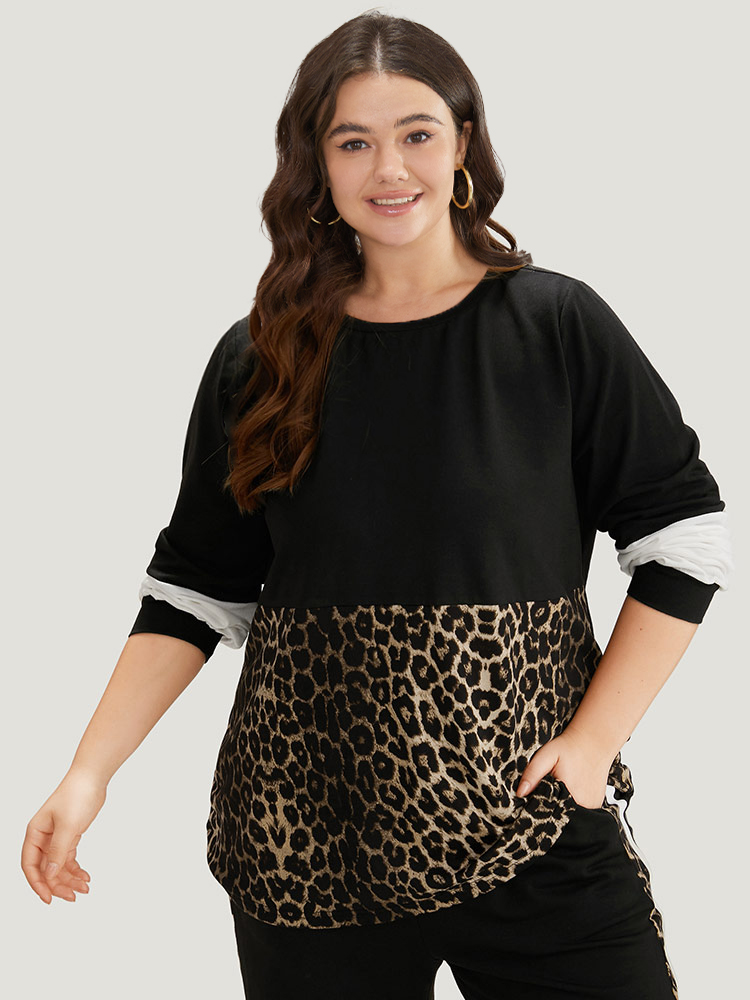 

Leopard Patchwork Contrast T-shirt, Black