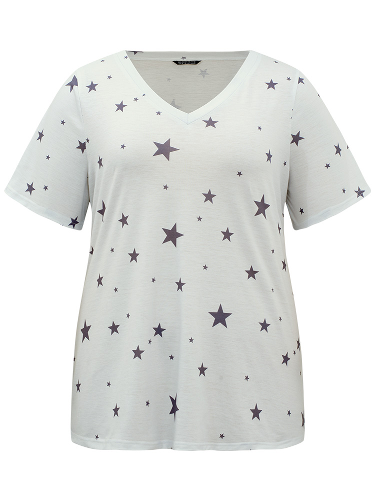 

Plus Size Star Print V Neck Short Sleeve Sleep Top Gray Moon and Star Short sleeve Shoulderless Dailywear Casual  Bloomchic