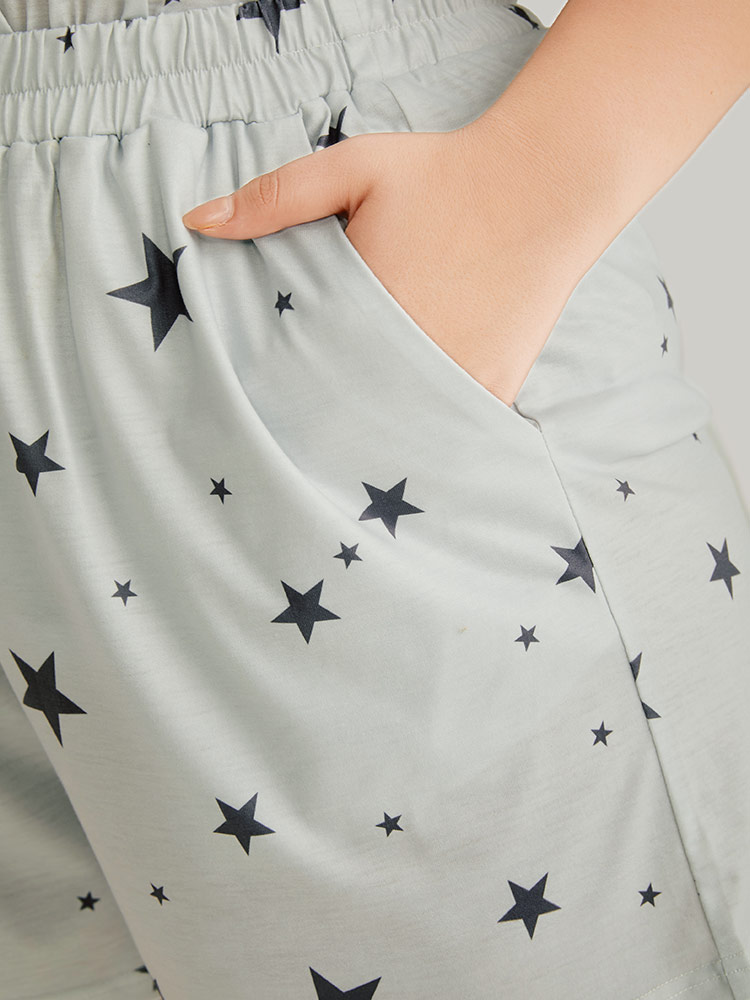 

Plus Size Star Print Elastic Waist Bowknot Sleep Shorts Gray Pocket Casual Dailywear Moon and Star Sleep Bottoms  Bloomchic