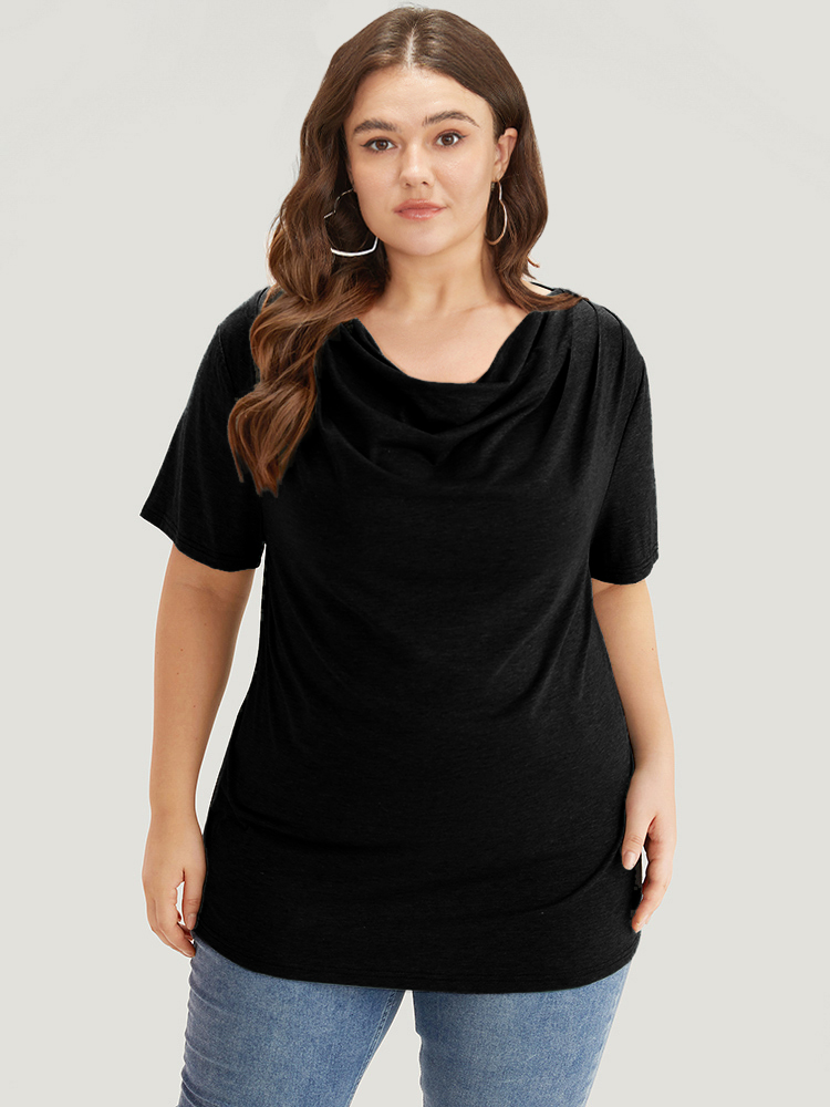 

Plus Size Solid Heather Cowl Neck Flutter Sleeve T-shirt Black Women Elegant Plain Plain Cowl Neck Dailywear T-shirts BloomChic