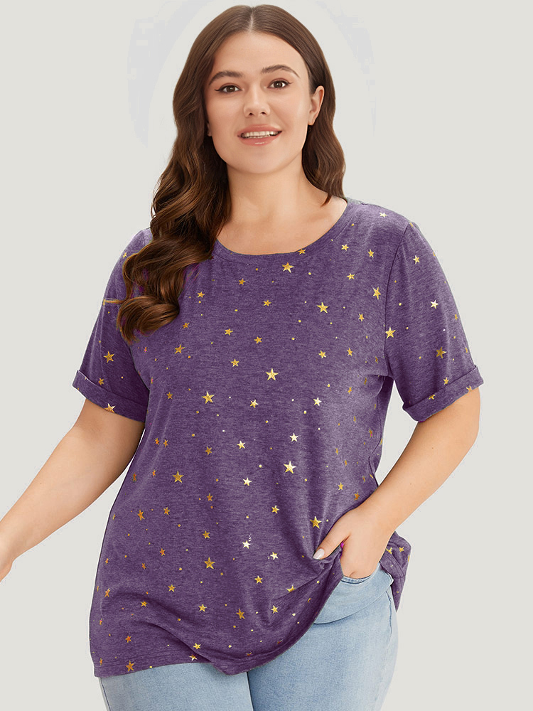 

Plus Size Star Glitter Cuffed Sleeve Crew Neck T-shirt Purple Women Casual Heather Moon and Star Round Neck Dailywear T-shirts BloomChic