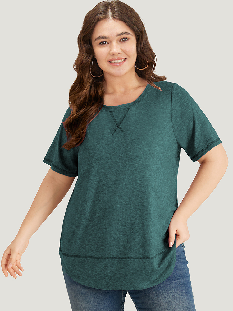 

Plus Size Contrast Stitch Round Neck Curved Hem T-shirt Emerald Women Casual Plain Plain Round Neck Dailywear T-shirts BloomChic