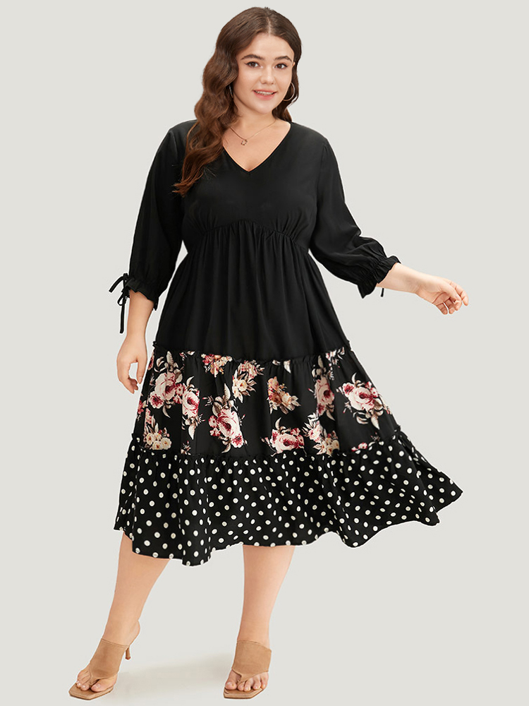 

Plus Size Polka Dot Patchwork Floral Knot Pocket Lantern Sleeve Dress Black Women Casual Elastic cuffs V-neck Elbow-length sleeve Curvy Midi Dress BloomChic