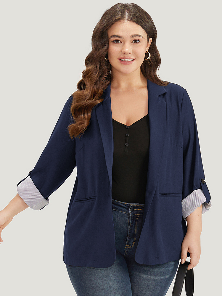 

Plus Size Contrast Suit Collar Button Up Pocket Tab Sleeve Blazer Indigo Women Work Plain Contrast Sleeve Long Sleeve Lapel Collar  Pocket Office Blazers BloomChic