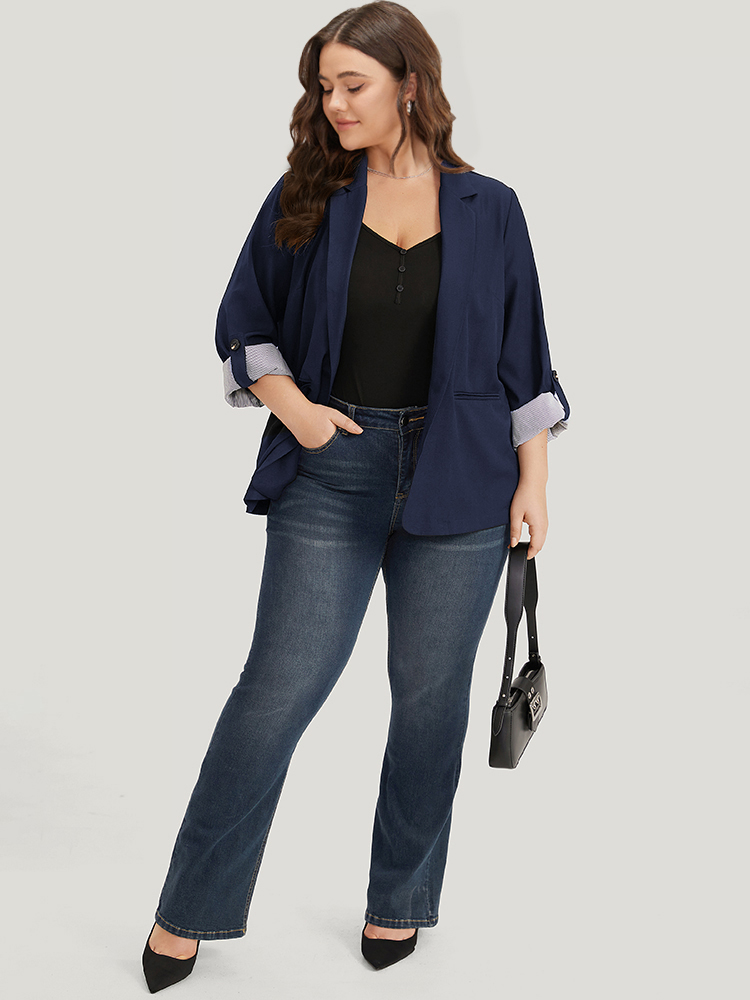 

Plus Size Contrast Suit Collar Button Up Pocket Tab Sleeve Blazer Indigo Women Work Plain Contrast Sleeve Long Sleeve Lapel Collar  Pocket Office Blazers BloomChic