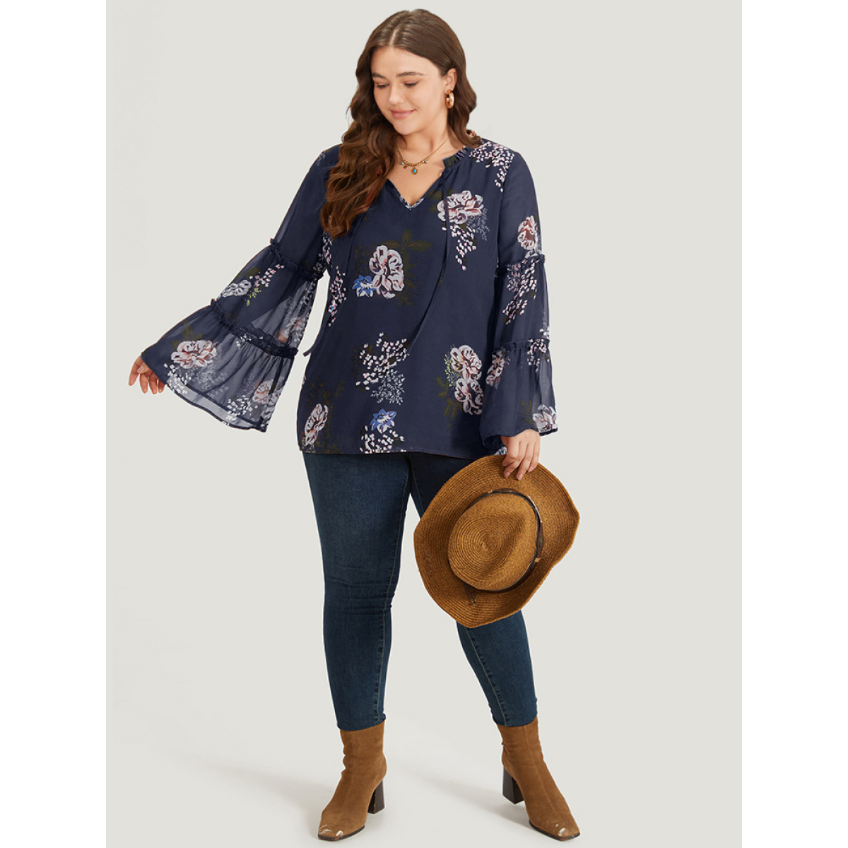 

Plus Size Indigo Floral Print Knot Neck Frill Trim Mesh Bell Sleeve Blouse Women Vacation Long Sleeve Tie Neck Dailywear Blouses BloomChic