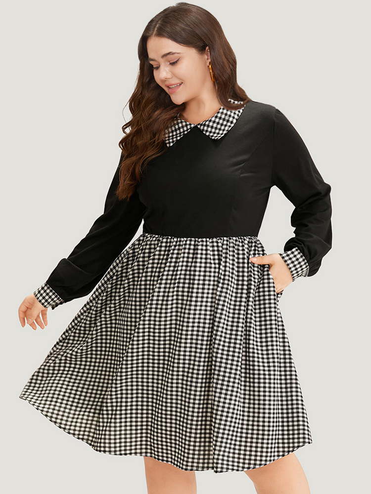 

Plus Size Gingham Patchwork Pocket Shirt Collar Dress Black Women Office Patchwork Shirt collar Long Sleeve Curvy Midi Dress BloomChic