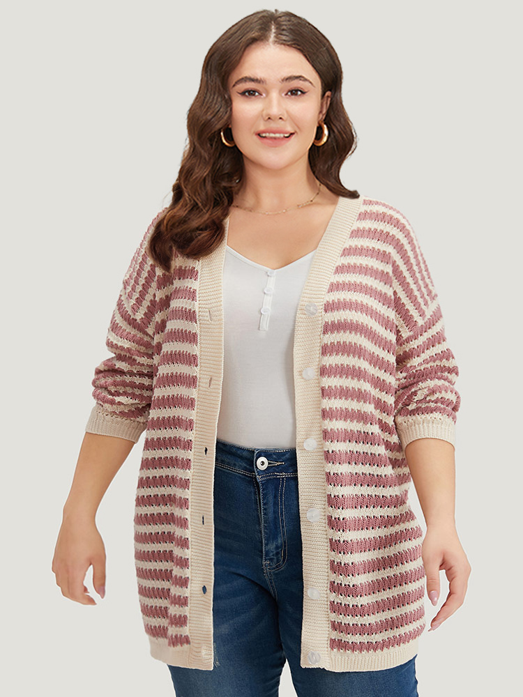 

Plus Size Striped Button Through Cut Out Cardigan DustyPink Women Casual Loose Long Sleeve Dailywear Cardigans BloomChic