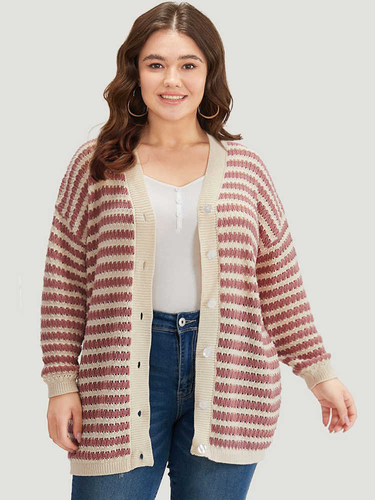 

Plus Size Striped Button Through Cut Out Cardigan DustyPink Women Casual Loose Long Sleeve Dailywear Cardigans BloomChic