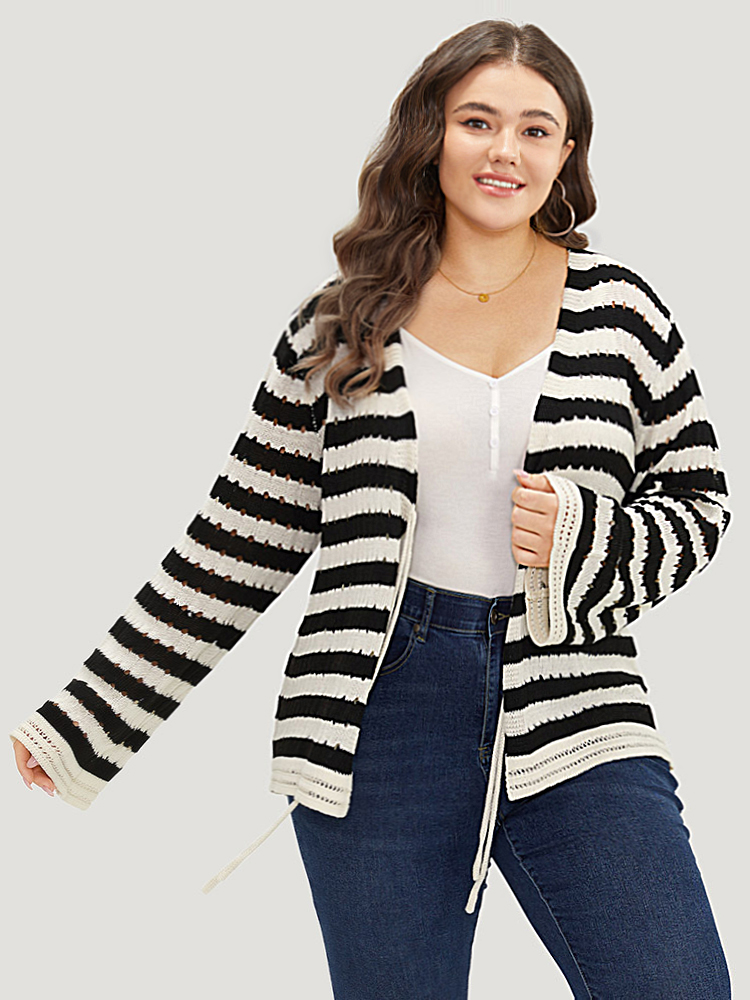 

Plus Size Striped Ties Front Eyelet Lace Cardigan Black Women Casual Loose Long Sleeve Dailywear Cardigans BloomChic