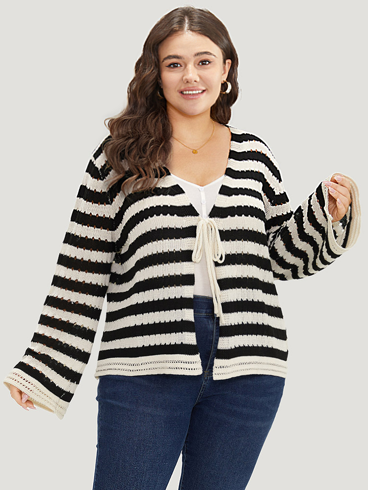 

Plus Size Striped Ties Front Eyelet Lace Cardigan Black Women Casual Loose Long Sleeve Dailywear Cardigans BloomChic