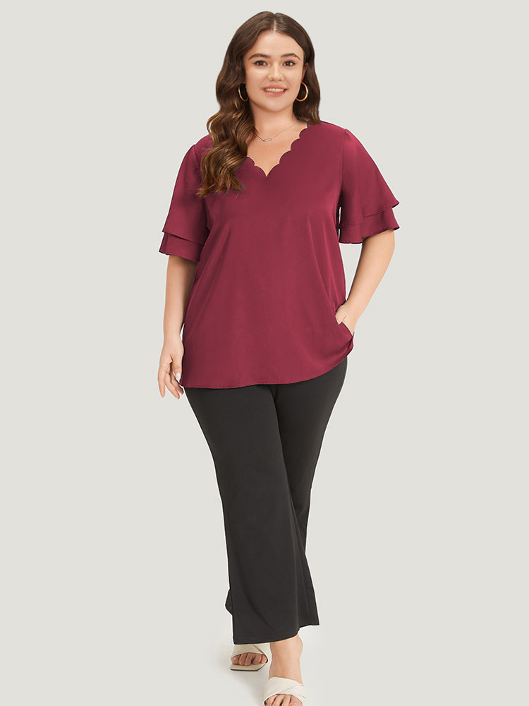 

Plus Size Scarlet Plain Curved Trim Flutter Sleeve Layered Blouse Women Office Short sleeve V-neck Work Blouses BloomChic