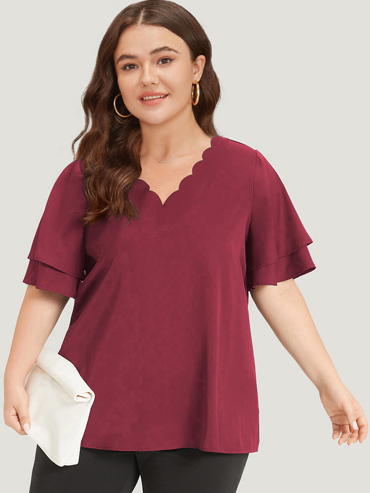 Plus Size Scarlet Plain Curved Trim Flutter Sleeve Layered Blouse Women Office Short sleeve V-neck Work Blouses BloomChic 12/L 