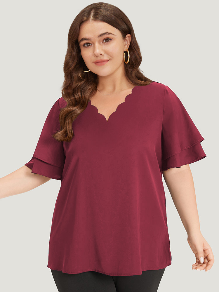Plus Size Scarlet Plain Curved Trim Flutter Sleeve Layered Blouse Women Office Short sleeve V-neck Work Blouses BloomChic 12/L 