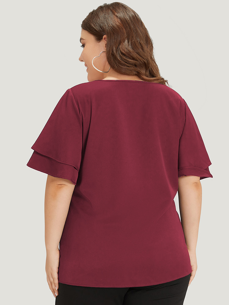 Plus Size Scarlet Plain Curved Trim Flutter Sleeve Layered Blouse Women Office Short sleeve V-neck Work Blouses BloomChic 12/L 