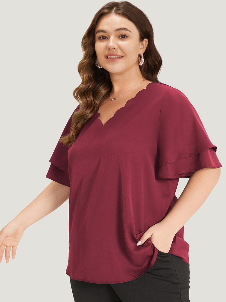 Plus Size Scarlet Plain Curved Trim Flutter Sleeve Layered Blouse Women Office Short sleeve V-neck Work Blouses BloomChic 12/L 