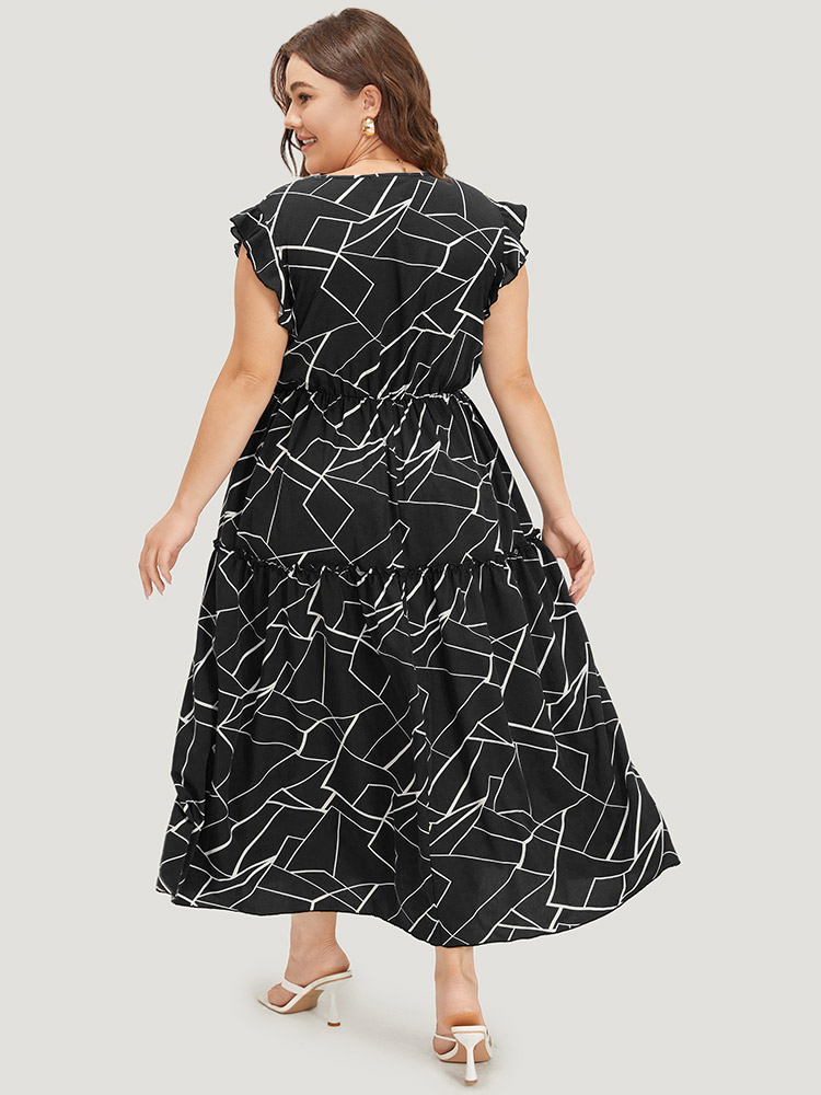 

Plus Size Geometric Print Ruffle Cap Sleeve Wrap Layered Hem Dress Black Women Office Printed V-neck Cap Sleeve Curvy Long Dress BloomChic