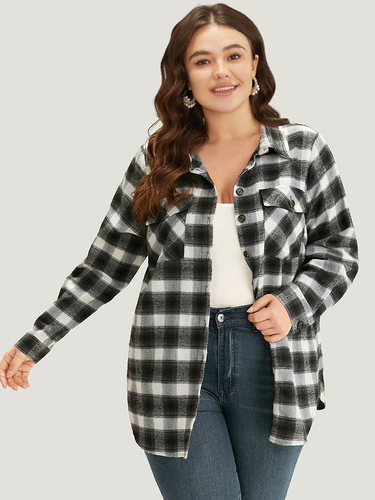 

Plus Size Plaid Arc Hem Pocket Button Through Shirt Collar Coat Women Black Casual Arc Hem Ladies Dailywear Winter Coats BloomChic