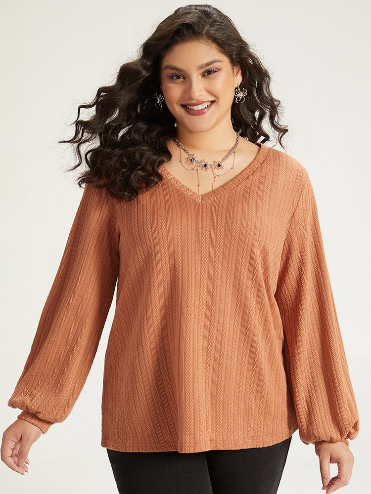 

Plus Size Halloween Plain Elastic Cuffs V Neck Texture Lantern Sleeve Sweatshirt Women Chocolate Casual Elastic cuffs V-neck Festival-Halloween Sweatshirts BloomChic
