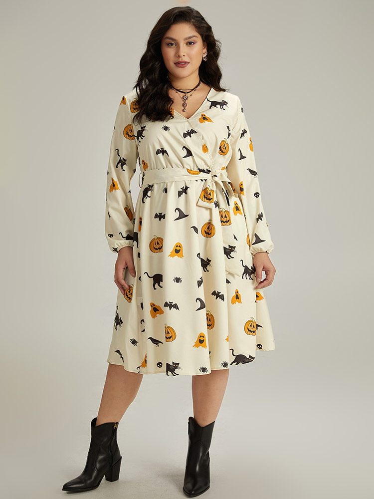 Plus Size Women Festival-Halloween Graphic-Halloween Wrap Lantern Sleeve Long Sleeve Overlap Collar Pocket Belt Office Dresses BloomChic 