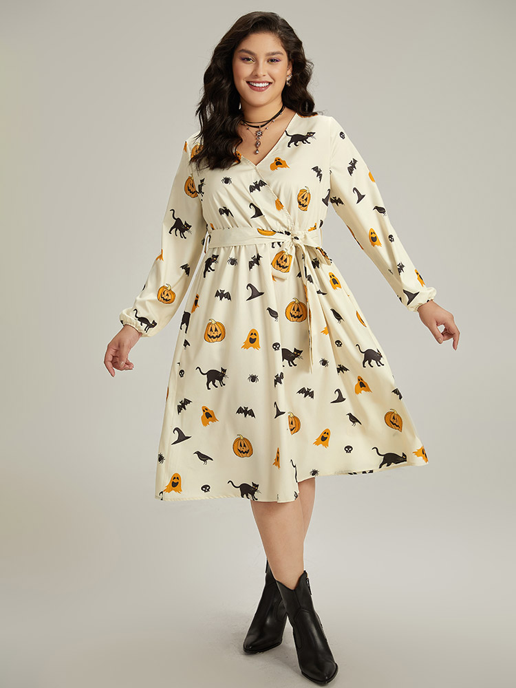 Plus Size Women Festival-Halloween Graphic-Halloween Wrap Lantern Sleeve Long Sleeve Overlap Collar Pocket Belt Office Dresses BloomChic 