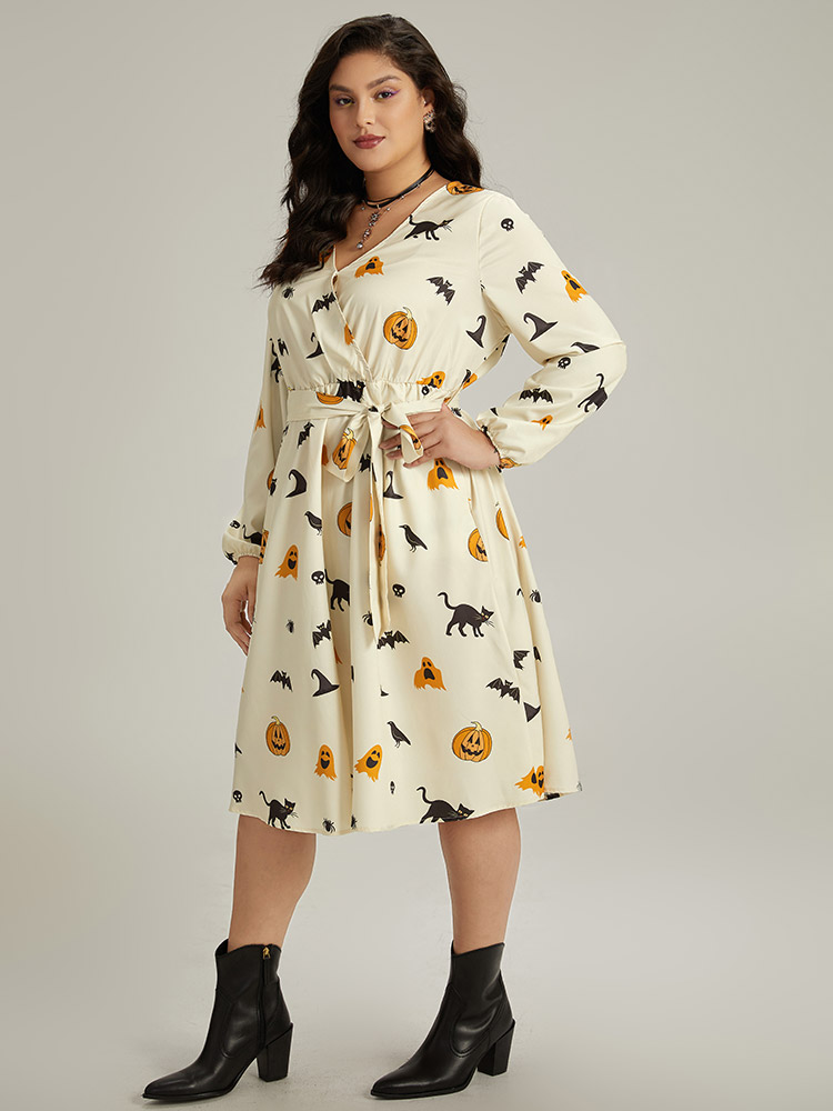 Plus Size Women Festival-Halloween Graphic-Halloween Wrap Lantern Sleeve Long Sleeve Overlap Collar Pocket Belt Office Dresses BloomChic 