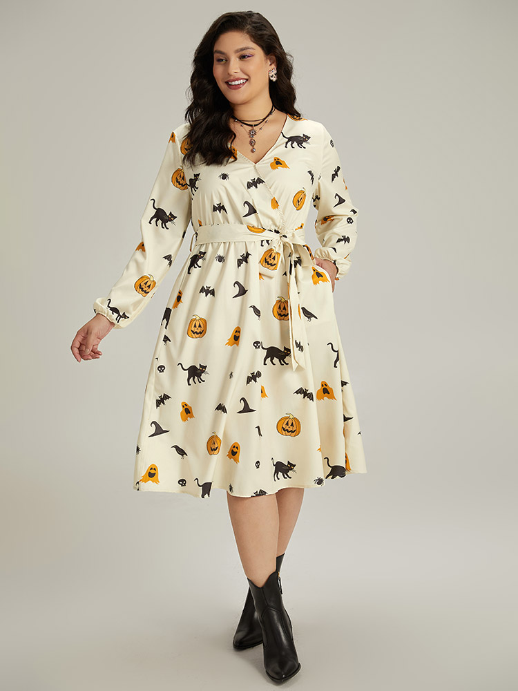 Plus Size Women Festival-Halloween Graphic-Halloween Wrap Lantern Sleeve Long Sleeve Overlap Collar Pocket Belt Office Dresses BloomChic 
