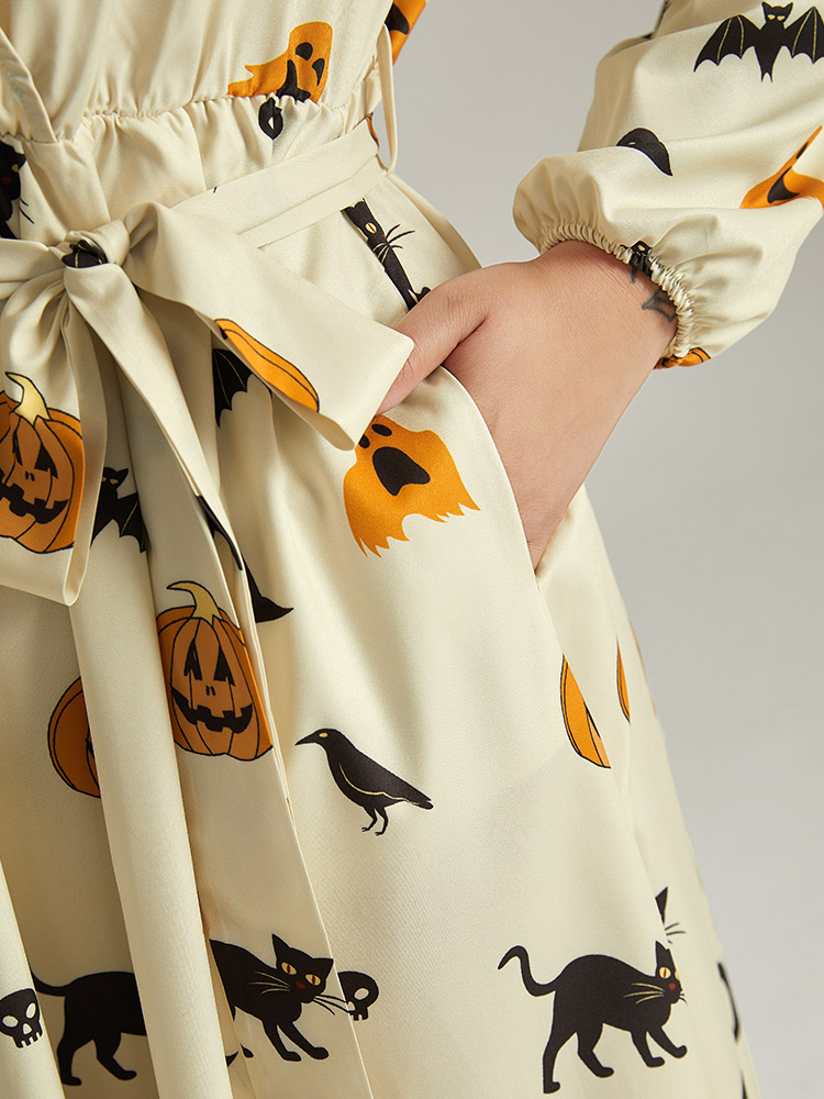 Plus Size Women Festival-Halloween Graphic-Halloween Wrap Lantern Sleeve Long Sleeve Overlap Collar Pocket Belt Office Dresses BloomChic 