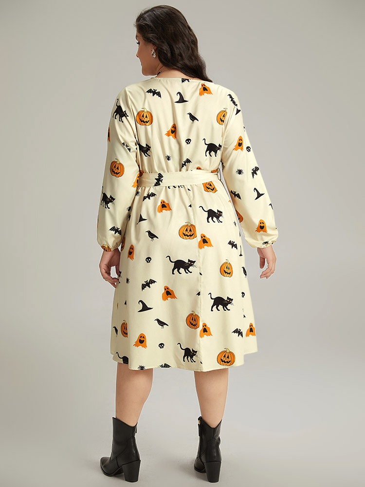 Plus Size Women Festival-Halloween Graphic-Halloween Wrap Lantern Sleeve Long Sleeve Overlap Collar Pocket Belt Office Dresses BloomChic 