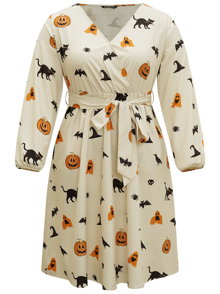 Plus Size Women Festival-Halloween Graphic-Halloween Wrap Lantern Sleeve Long Sleeve Overlap Collar Pocket Belt Office Dresses BloomChic 