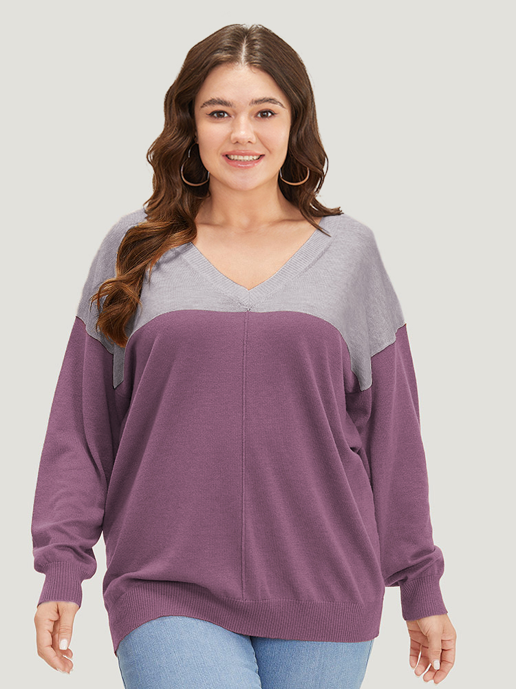 

Plus Size Supersoft Essentials Colorblock Two Tone Patchwork V Neck Pullover Mauve Women Casual Loose Long Sleeve V-neck Dailywear Pullovers BloomChic