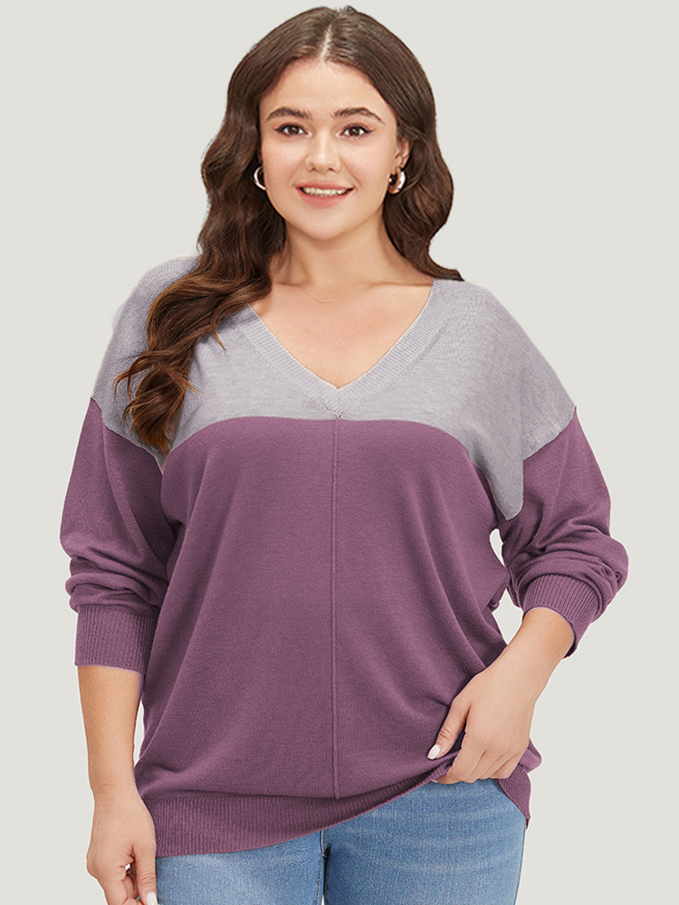 

Plus Size Supersoft Essentials Colorblock Two Tone Patchwork V Neck Pullover Mauve Women Casual Loose Long Sleeve V-neck Dailywear Pullovers BloomChic