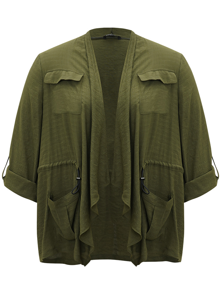 Plus Size Supersoft Essentials Plain Pocket Asymmetrical Drawstring Coat Women ArmyGreen Plain Pocket Dailywear Jackets BloomChic 22-24/3X 