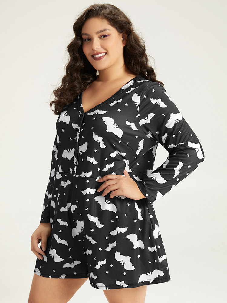 

Plus Size Halloween Bat Print Pocket Button Up Sleep Jumpsuit Black Pocket Printed Festival-Halloween Casual Sleep Jumpsuits/Rompers  Bloomchic