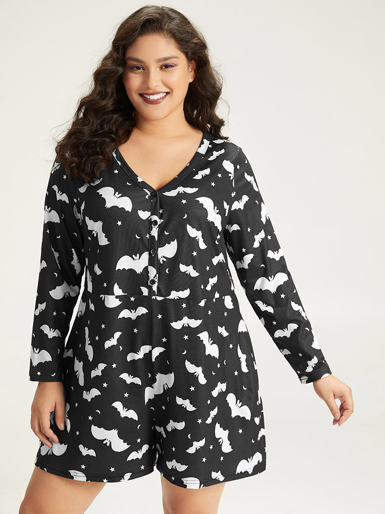 

Plus Size Halloween Bat Print Pocket Button Up Sleep Jumpsuit Black Pocket Printed Festival-Halloween Casual Sleep Jumpsuits/Rompers  Bloomchic