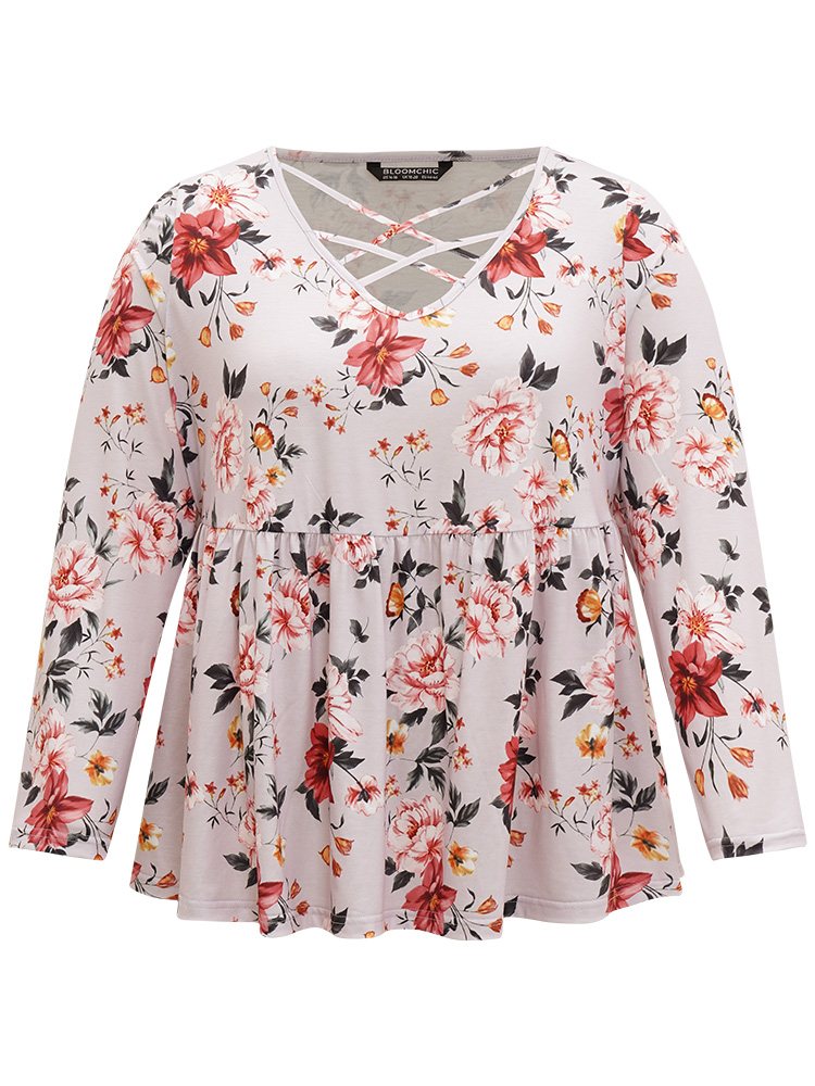 

Plus Size Floral Crisscross Gathered High Low Hem T-shirt Multicolor Women Elegant Printed Floral V-neck Dailywear T-shirts BloomChic