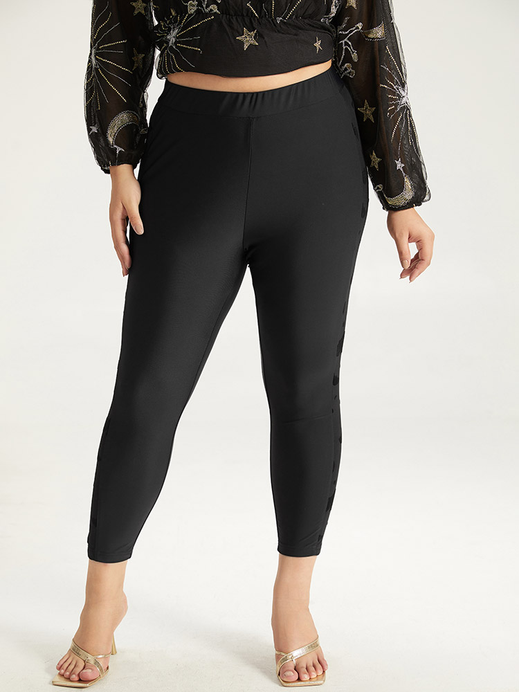 Plus Size Halloween Plain Texture Patchwork Elastic Waist Skinny Leggings Women Black Elegant High stretch Skinny High Rise Festival-Halloween Leggings BloomChic 14-16/1X 