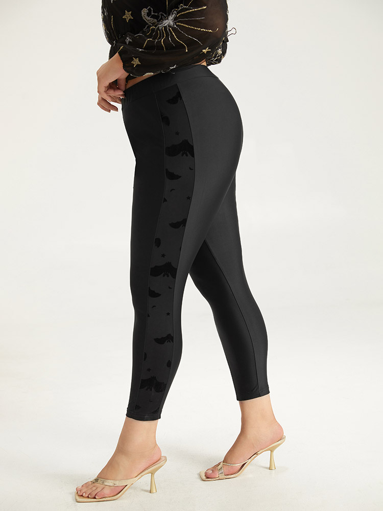 Plus Size Halloween Plain Texture Patchwork Elastic Waist Skinny Leggings Women Black Elegant High stretch Skinny High Rise Festival-Halloween Leggings BloomChic 14-16/1X 