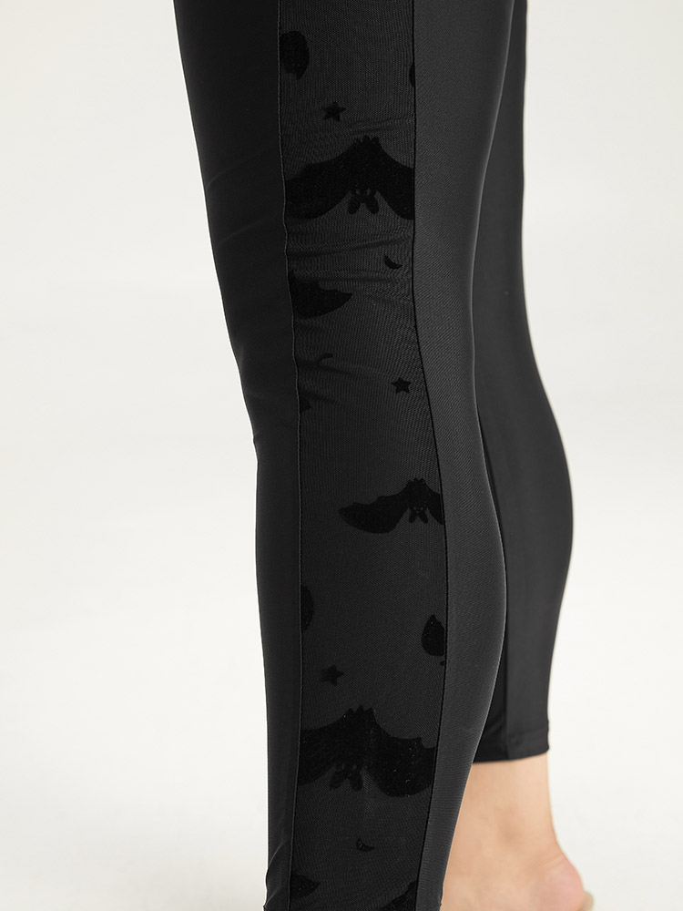 Plus Size Halloween Plain Texture Patchwork Elastic Waist Skinny Leggings Women Black Elegant High stretch Skinny High Rise Festival-Halloween Leggings BloomChic 14-16/1X 