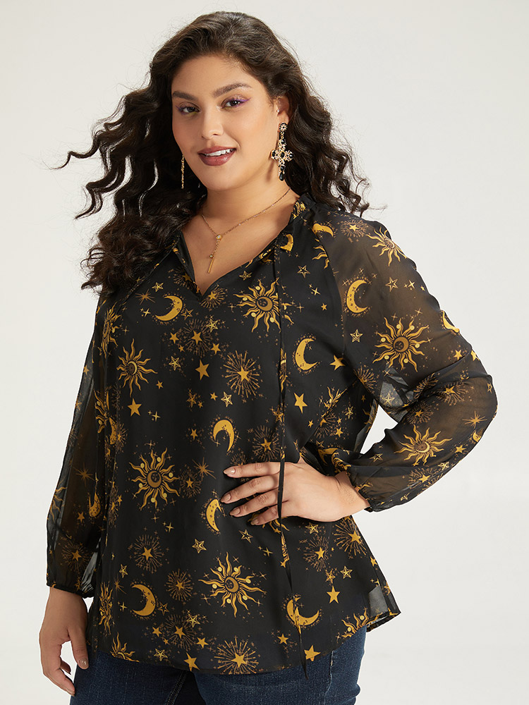 Plus Size Black Halloween Moon & Star Print Tie Neck Mesh Lantern Sleeve Blouse Women Elegant Long Sleeve Tie Neck Festival-Halloween Blouses BloomChic 14-16/1X 